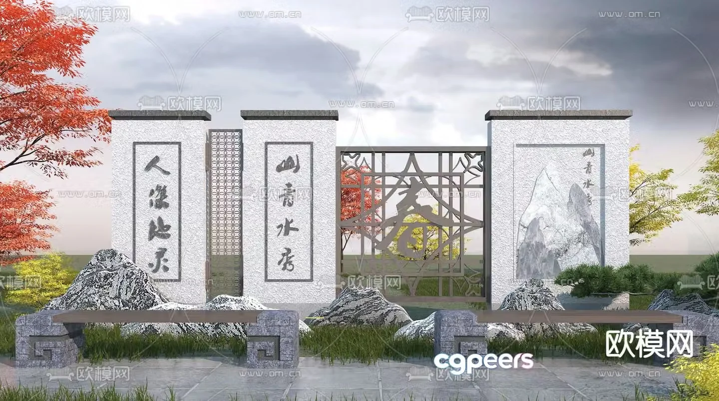 New Chinese style landscape wall garden landscape wall 3D model