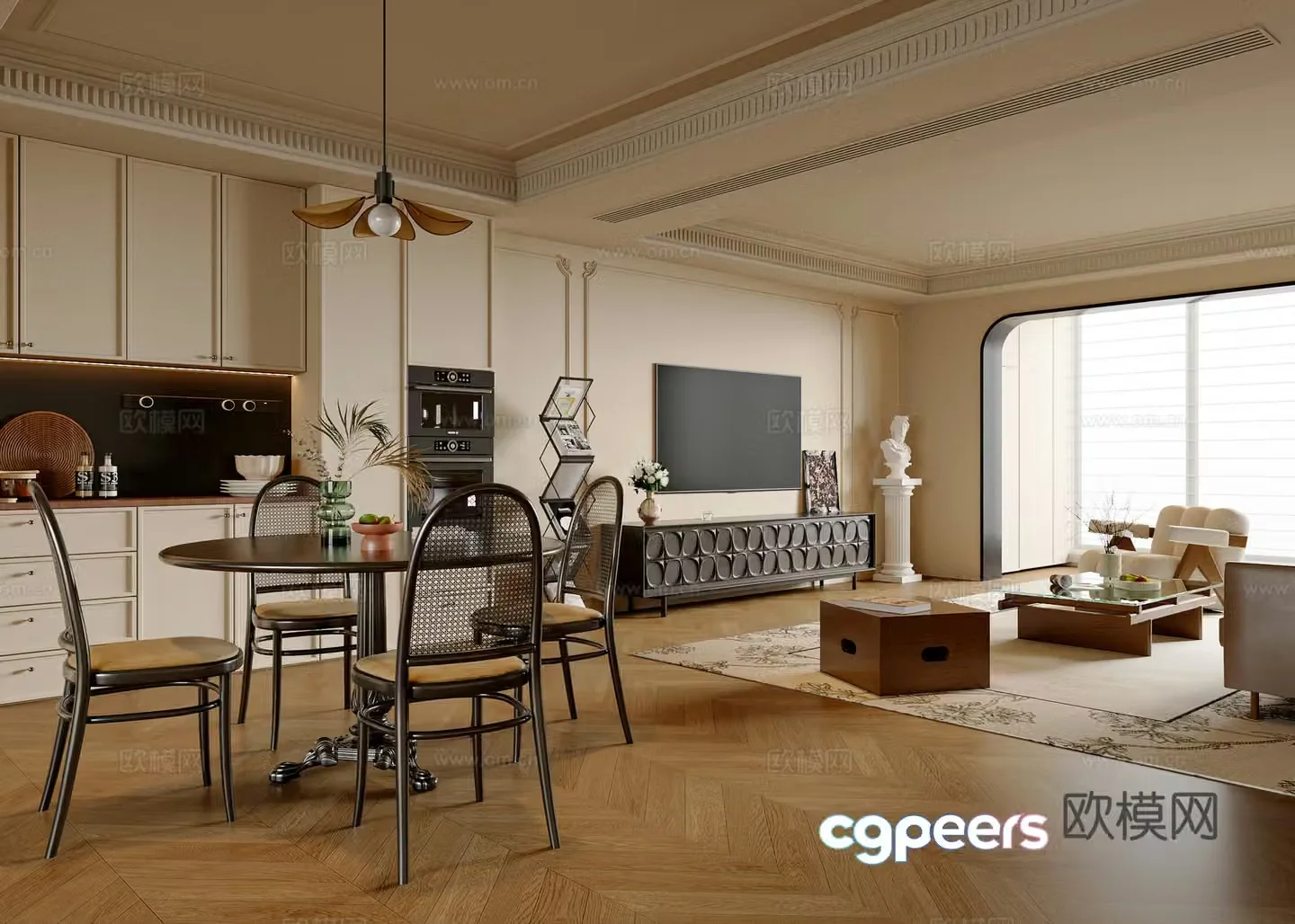 French medieval style dining room round dining table and chair sofa and coffee table combination French TV cabinet chandeliers 3D model