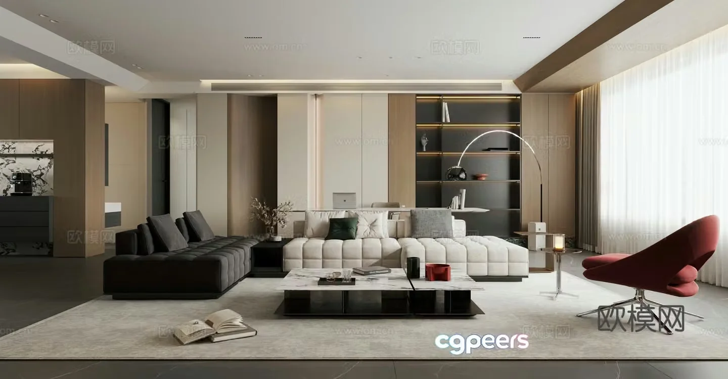 Italian minimalist home living and dining room large flat floor horizontal hall 3D model