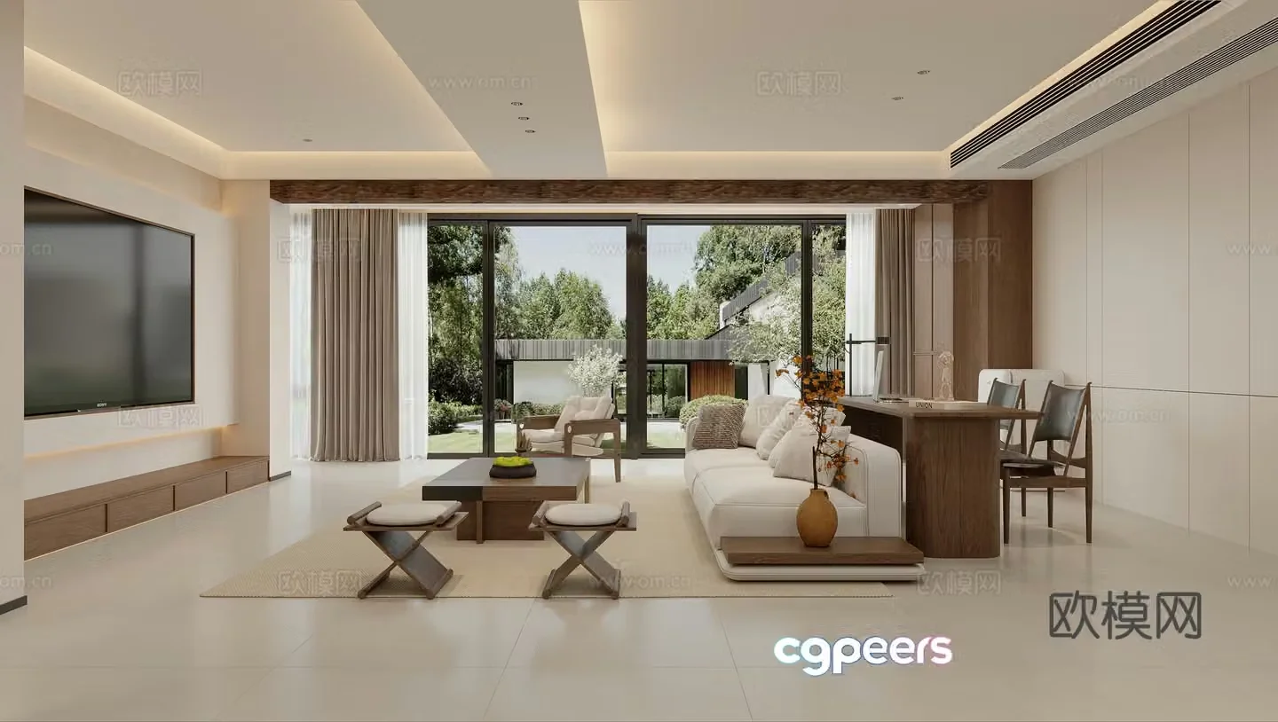 Zen New Chinese Living Restaurant Open Study Room 3D Model