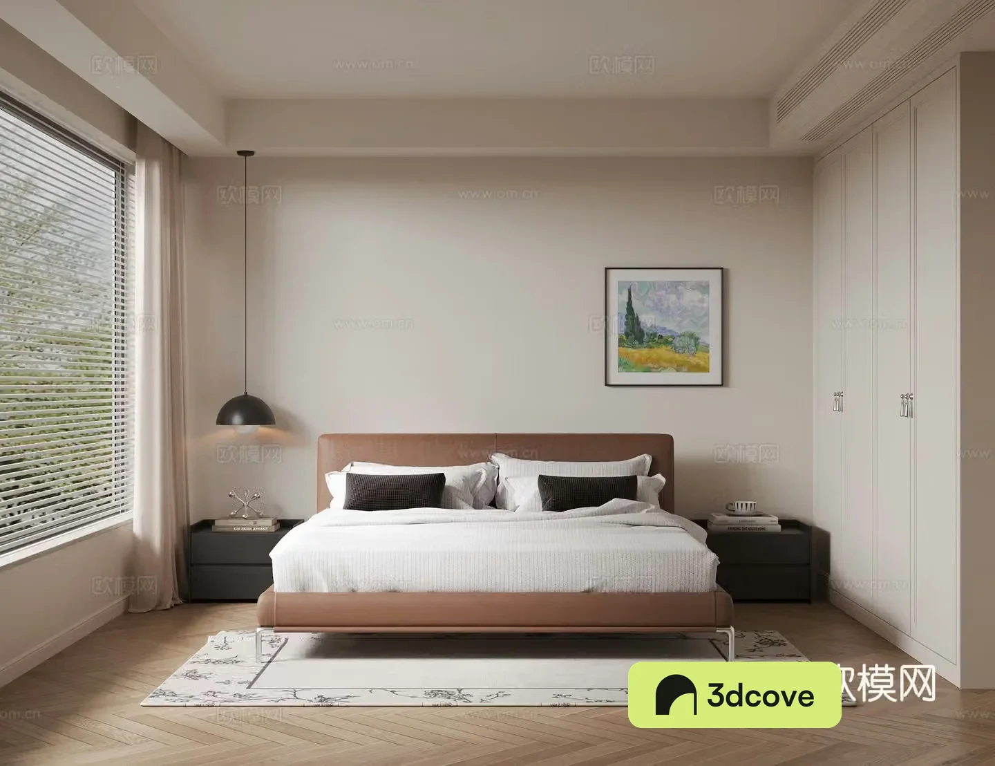 Modern bedroom Double bed nightstand chandeliers hanging paintings wardrobe carpet curtains ornaments