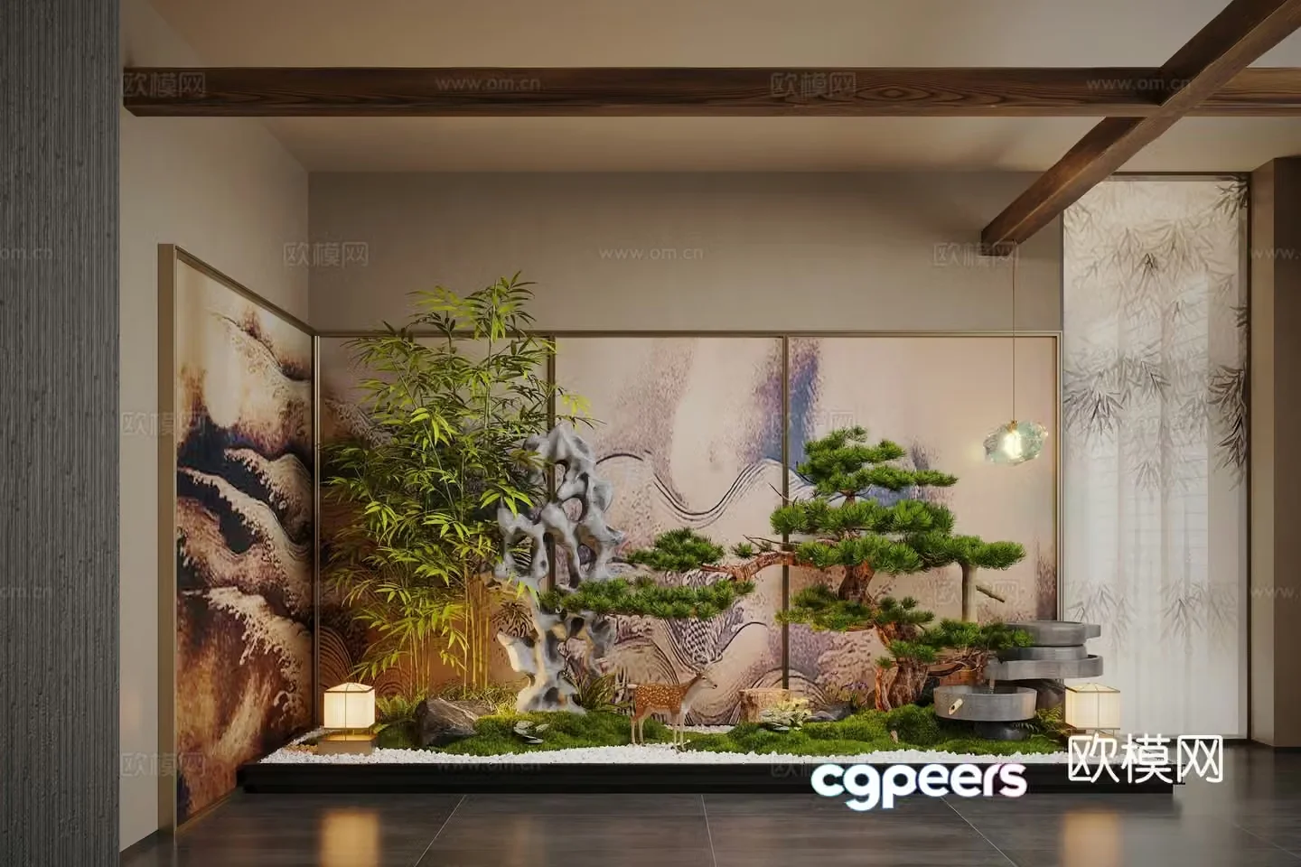 New Chinese style interior landscape plant landscaping pine moss landscape stone 3D model
