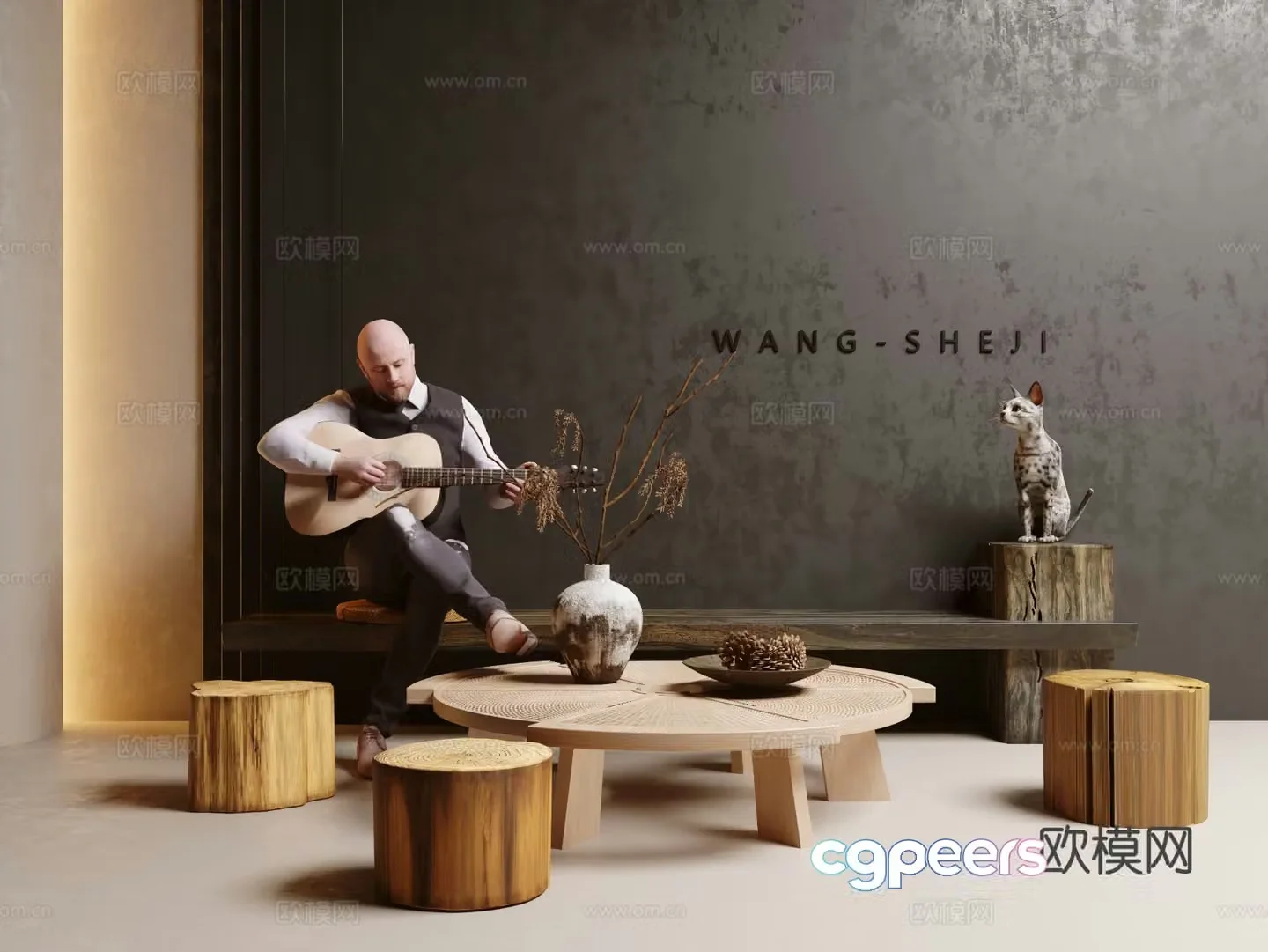 Wabi-sabi outdoor landscape tables and chairs courtyard benches landscape sketches 3D model