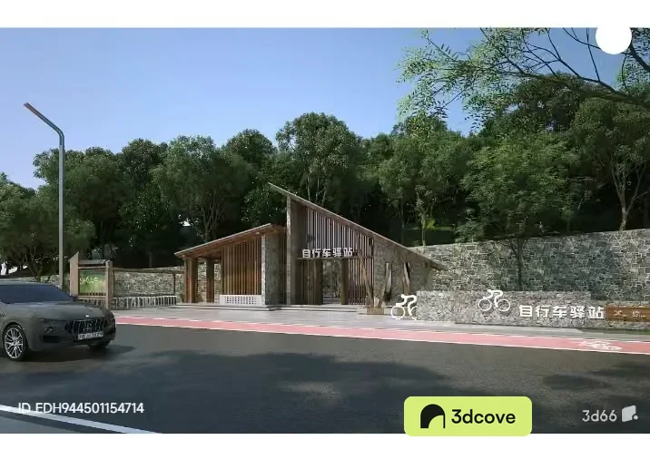 A Modern Building With A Stone Wall And A Car Parked In Front