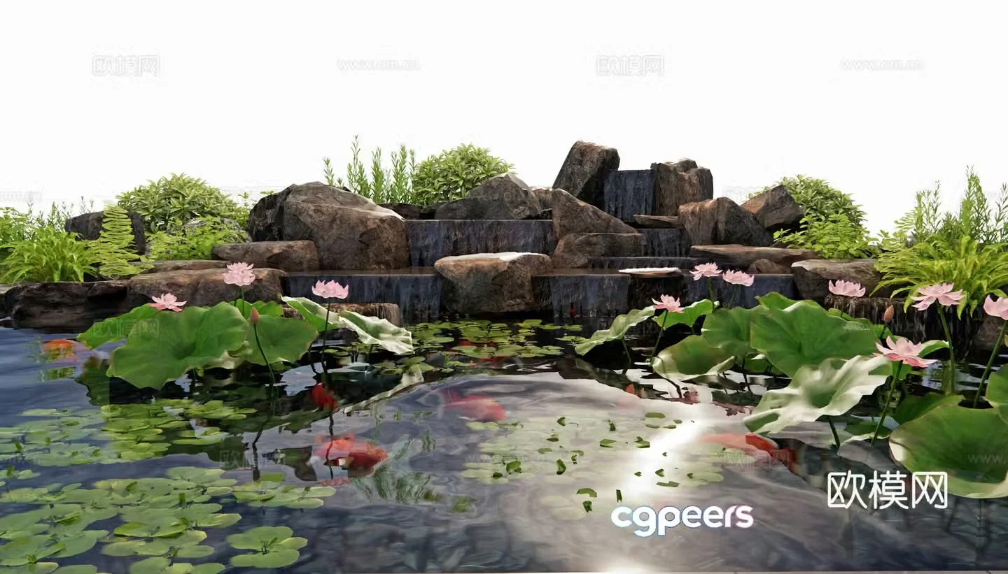 New Chinese rockery waterscape lotus aquatic plants fish pond goldfish stone waterfall landscape 3d model