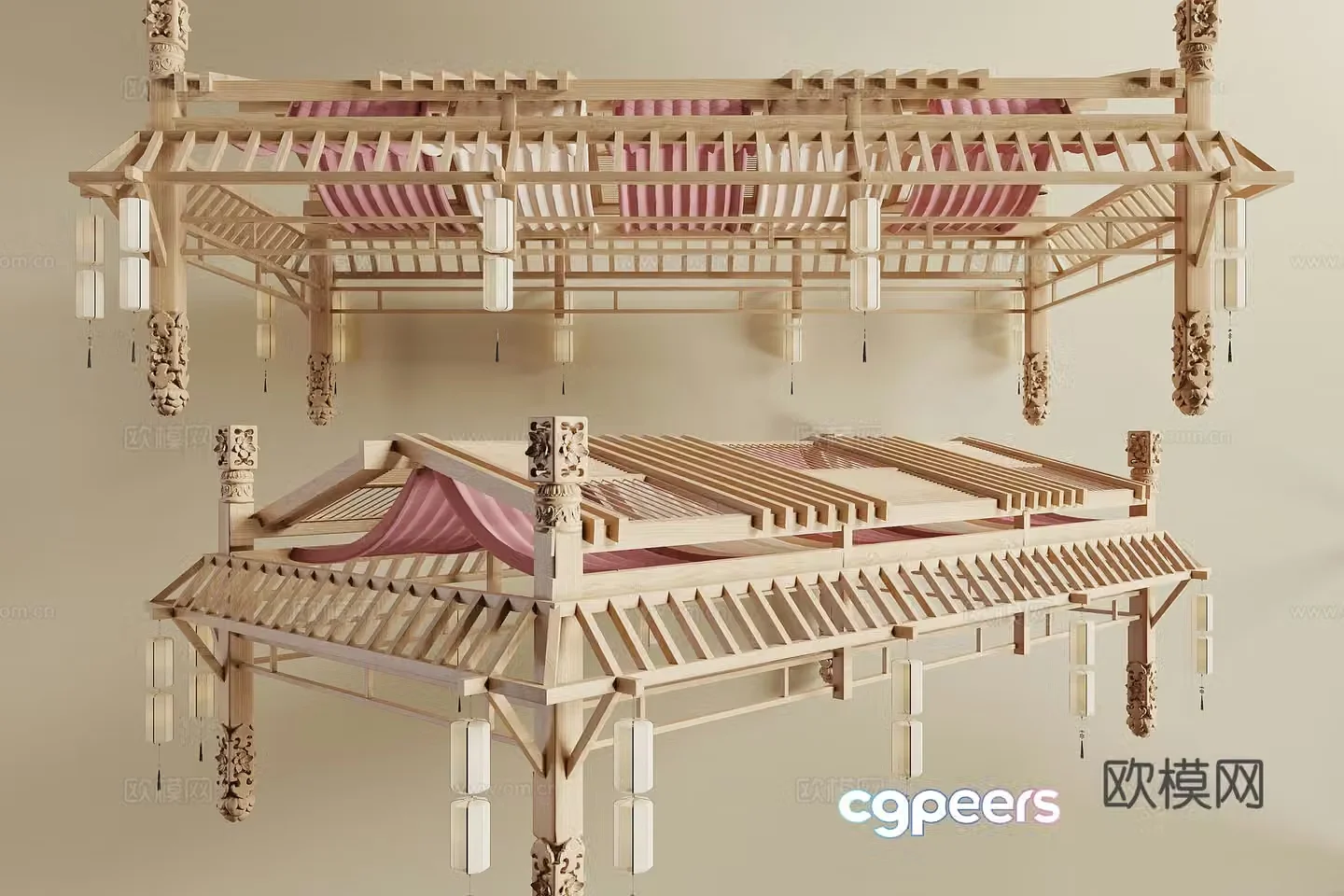 New Chinese wooden grille ceiling 3D model