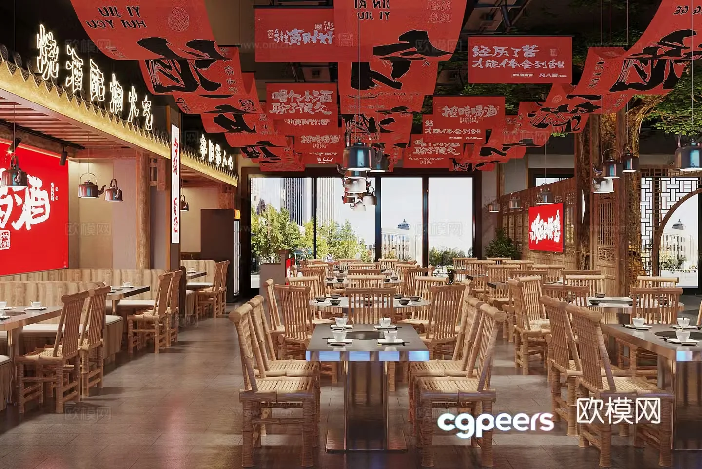 New Chinese restaurant Barbecue barbecue restaurant New Chinese hotpot restaurant New Chinese dining table and chair combination 3D model