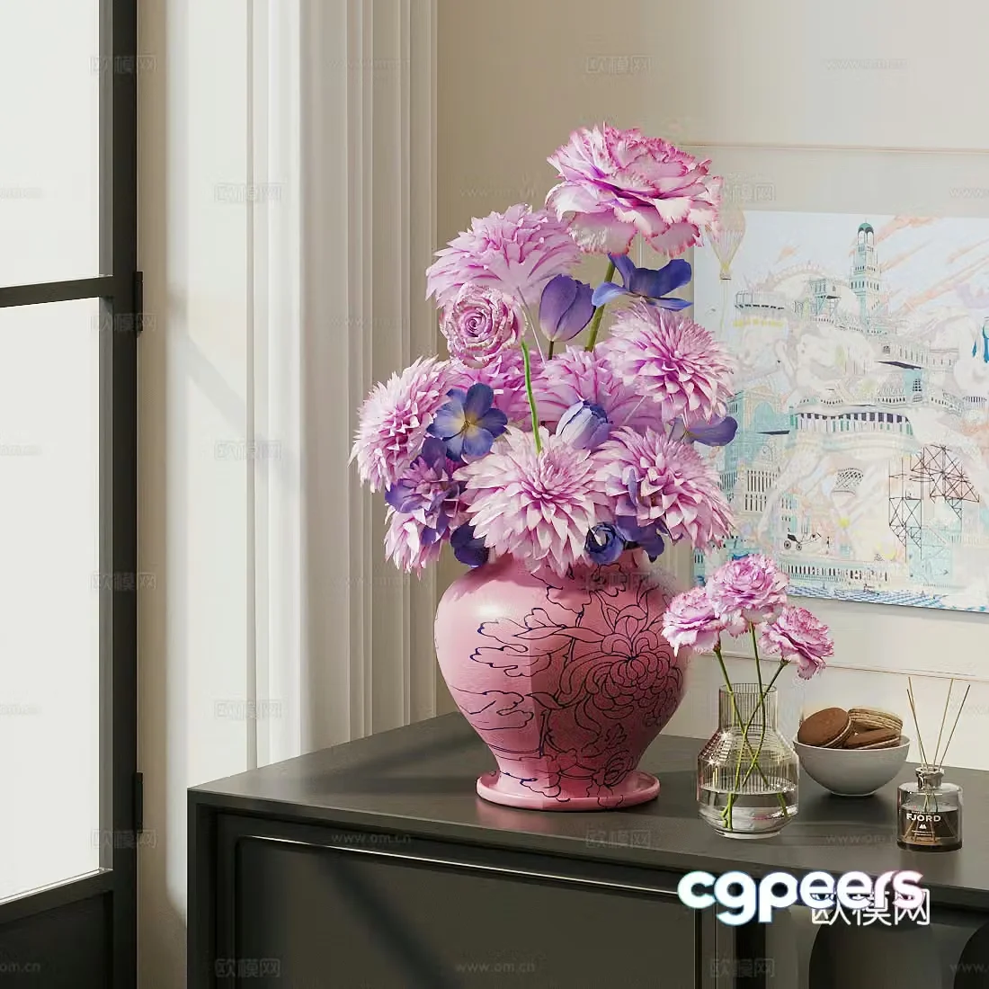 Modern flower art Pink flower art vase Ceramic vase Flower art Living room vase ornament 3D model