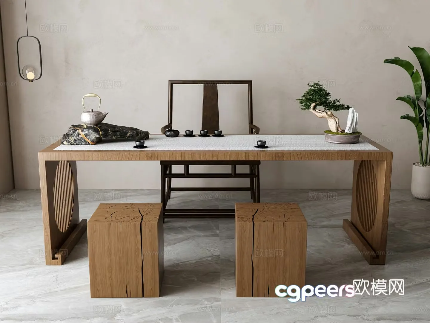 New Chinese-style tea table and chair combination 3D model
