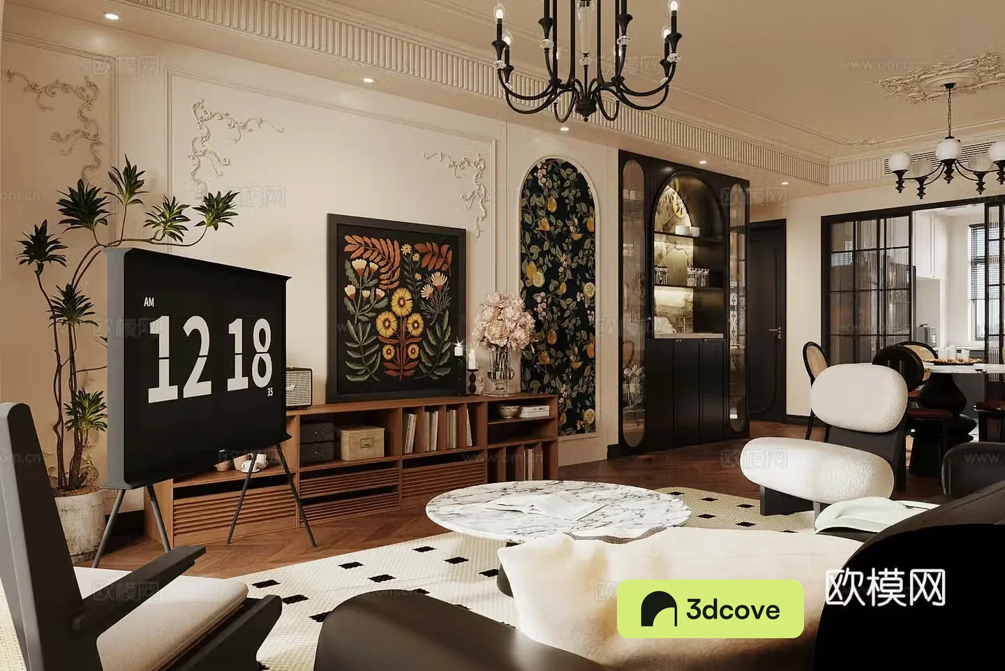 Middle style living room large flat floor living room sofa and coffee table combination middle style dining table and chair 3D model