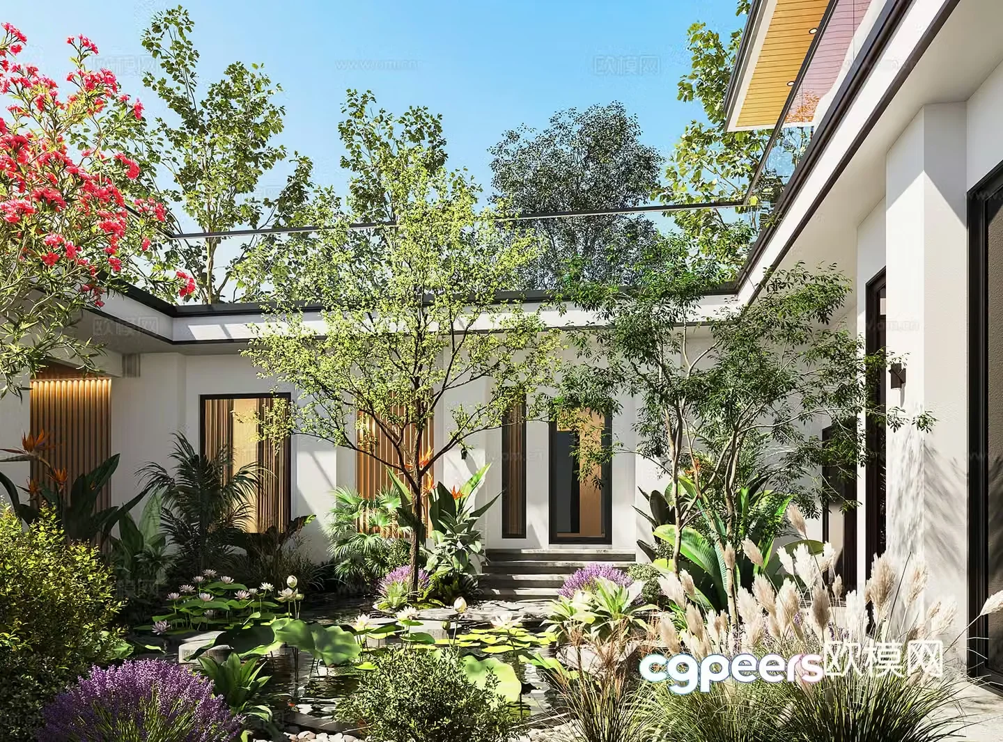Modern courtyard trees and plants pile 3d model