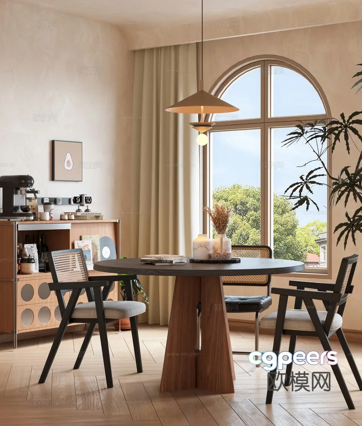 Modern medieval dining table and chair combination round medieval leisure table and chair combination sideboard restaurant real 3d model