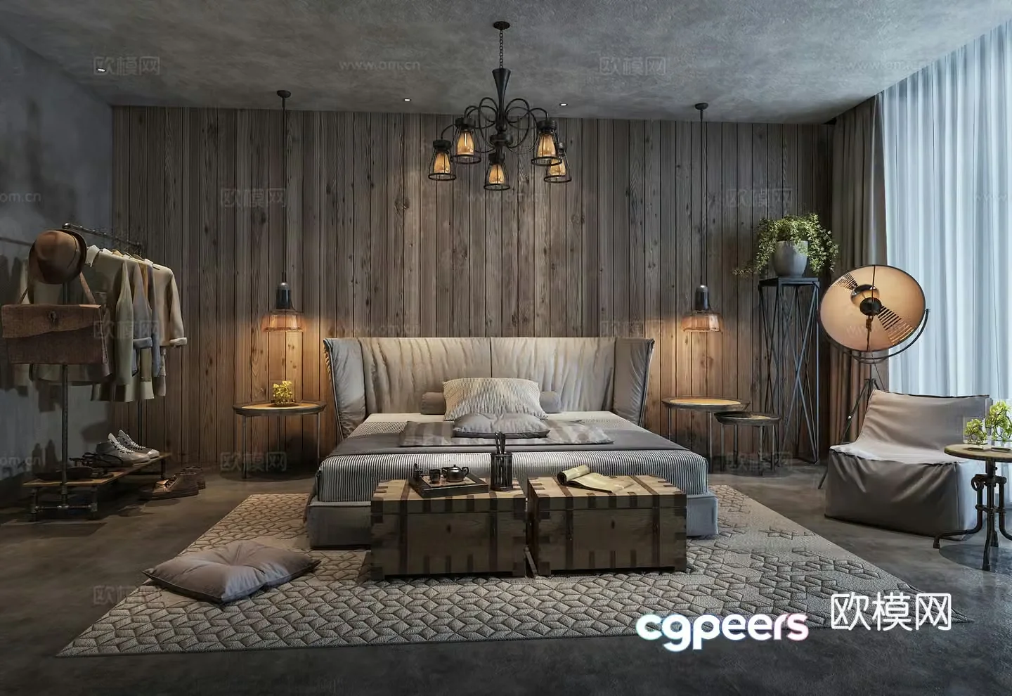 Industrial style bedroom bedding sofa coffee table combination 3D model
