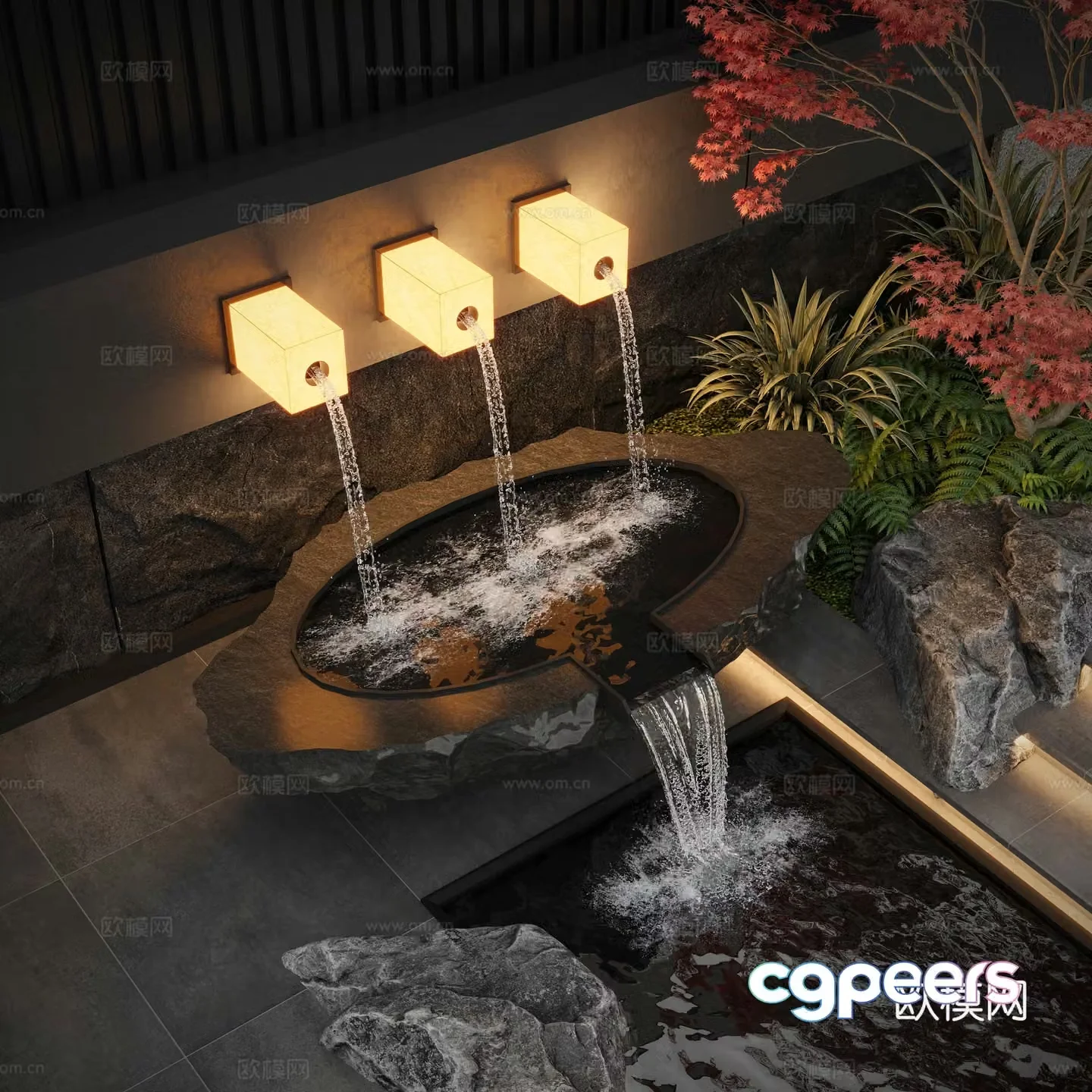 Modern courtyard water view wall water bowl flowing water 3d model
