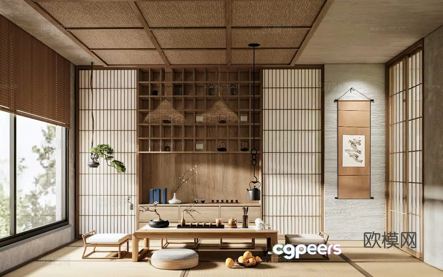Middle Ages Wasabi Tea House Japanese Tatami Tea Room Tea Table and Chair Teapot Tea Set Bamboo Lantern 3D Model