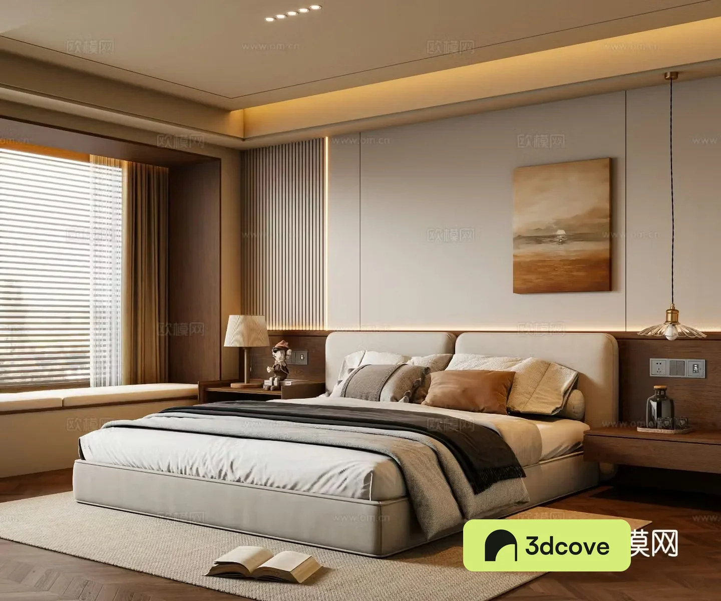 Middle-aged bedroom fabric double bed nightstand chandeliers paintings carpet 3D model