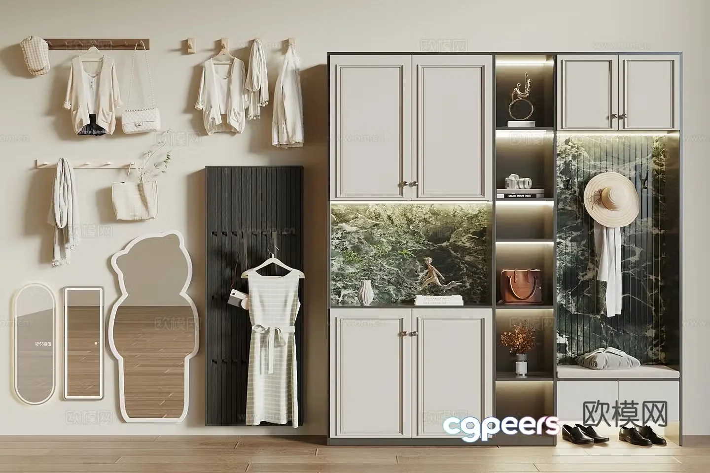 Modern French style shoe cabinet clothes rack clothes hook mirror dressing mirror piano keys clothes hook 3D model