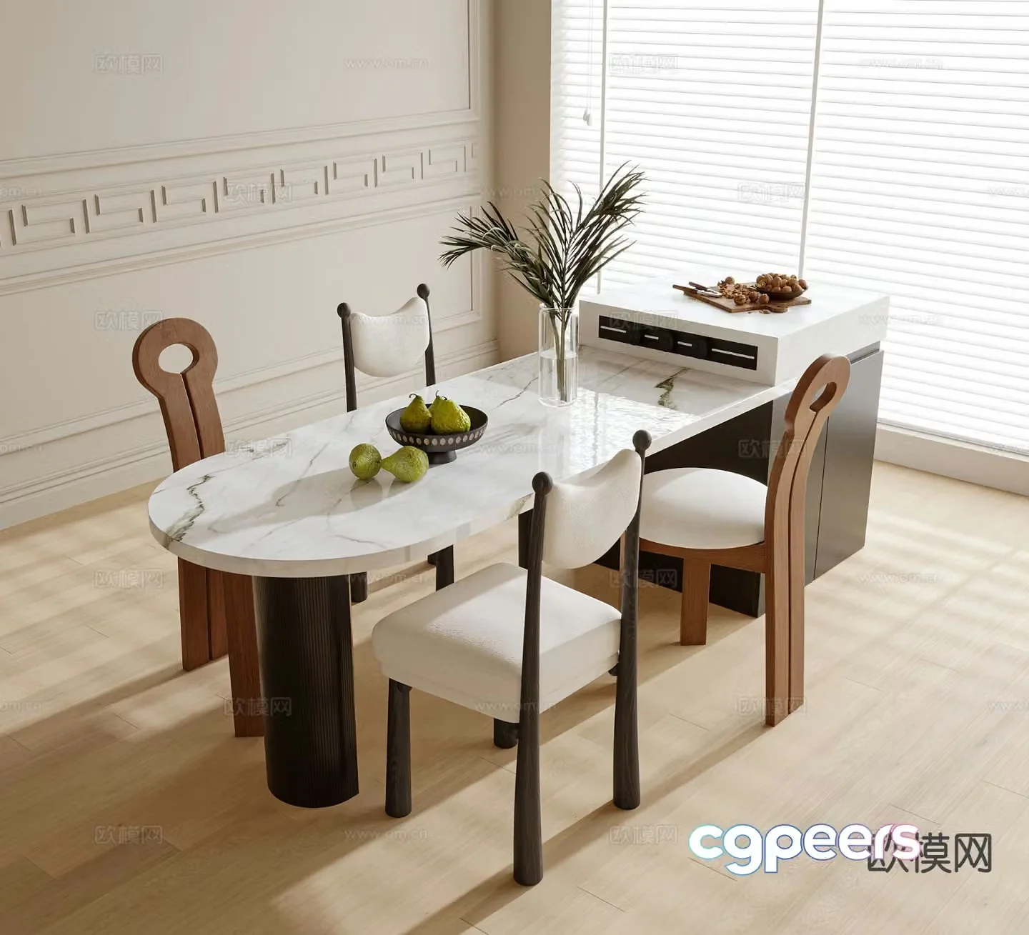 Modern island dining table and chairs 3d model
