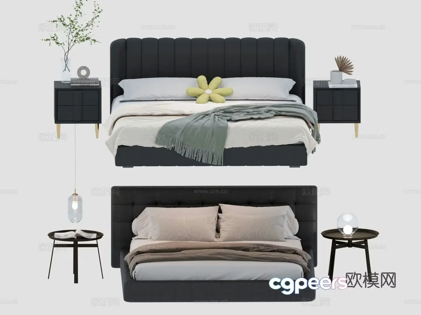 Modern double bed with headrest leather bed 3D model