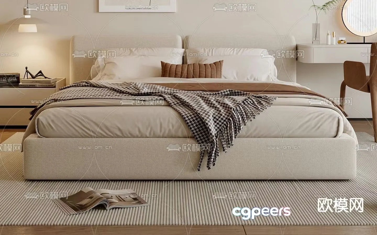 Cream style double bed fabric double bed 3d model