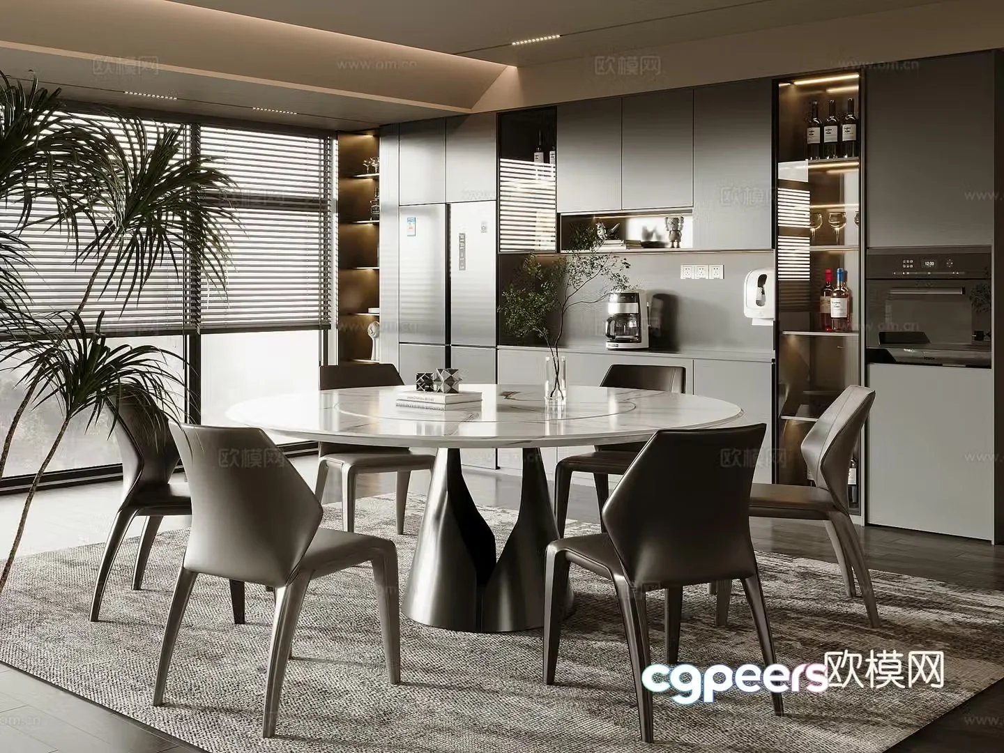 Modern round marble dining table and chair combination 3D model