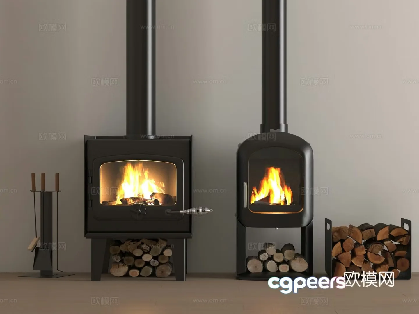 Modern fireplace Flame firewood pile Indoor fireplace 3d model