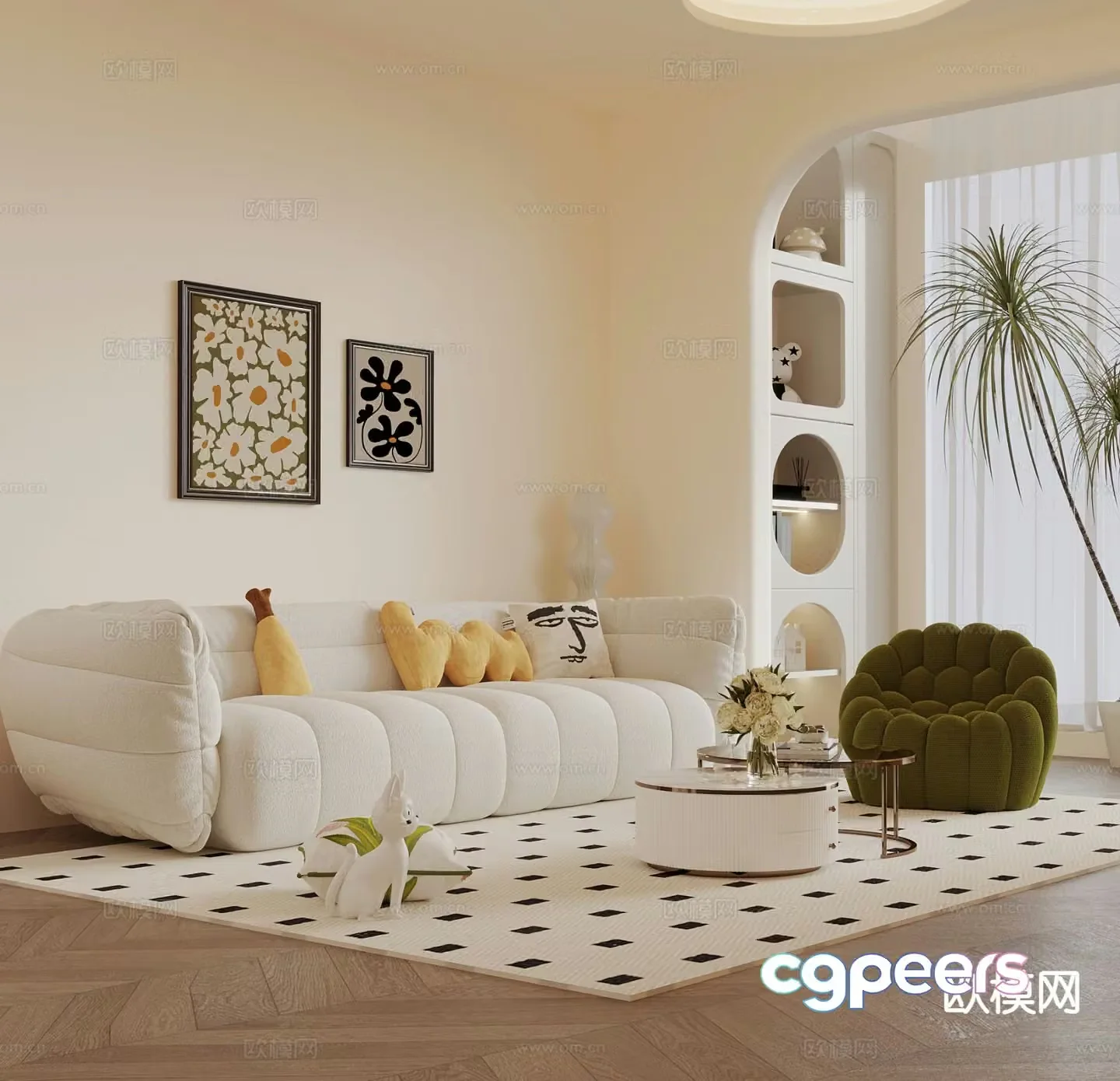 Cream style multi-person sofa upholstered sofa 3d model