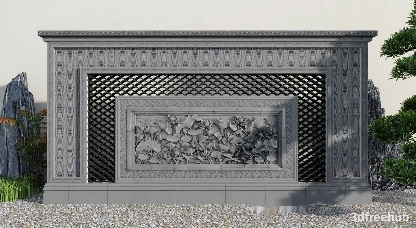 A Stone Wall With A Floral Design 3D Model – 22281 – VRAY Render
