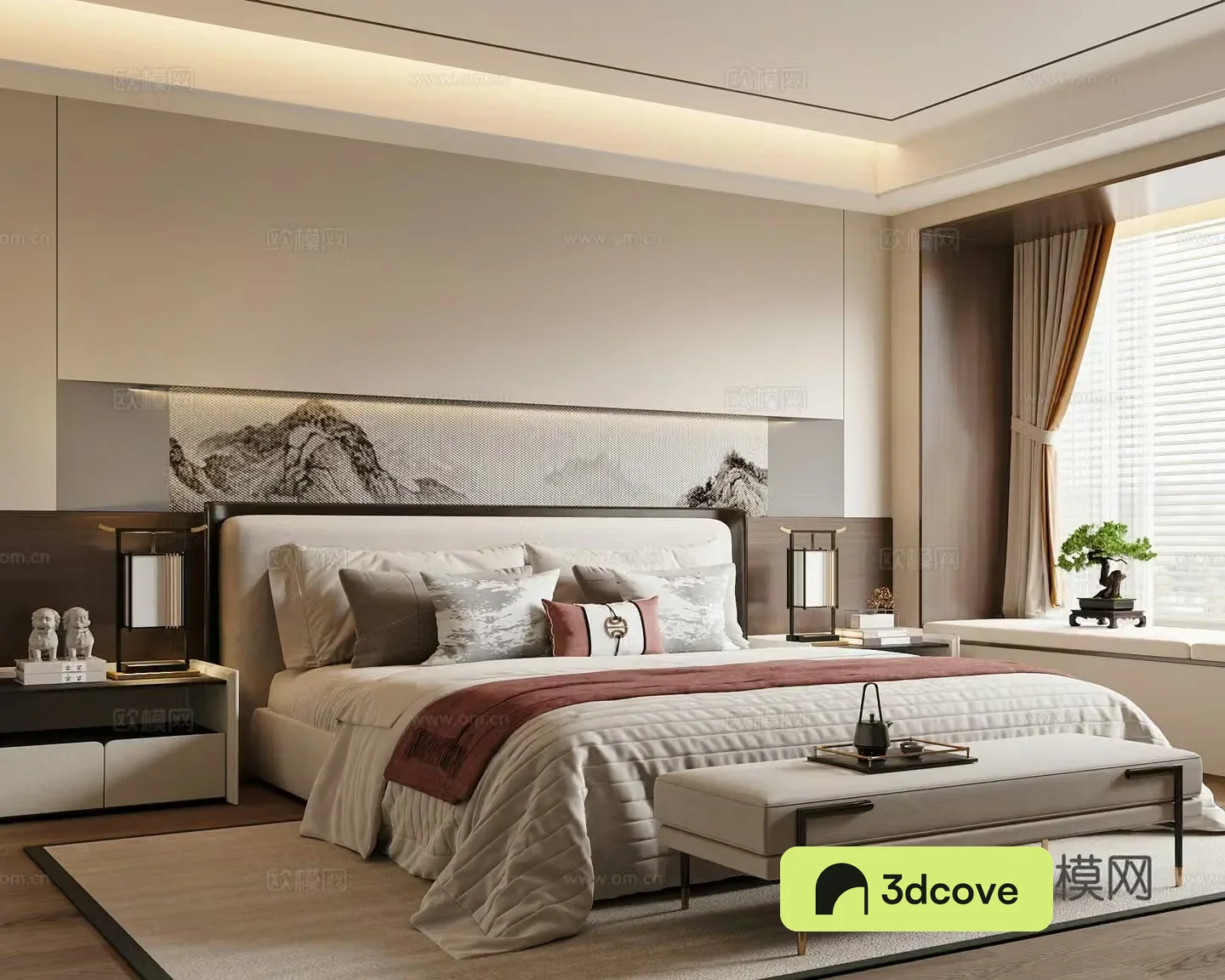 New Chinese style bedroom double bed nightstand