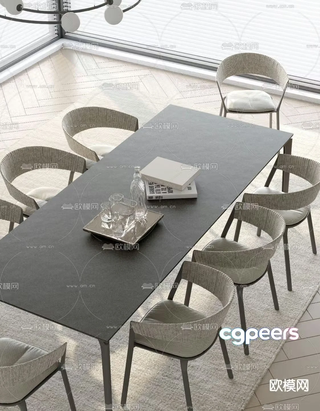 Long dining table and chairs 3d model