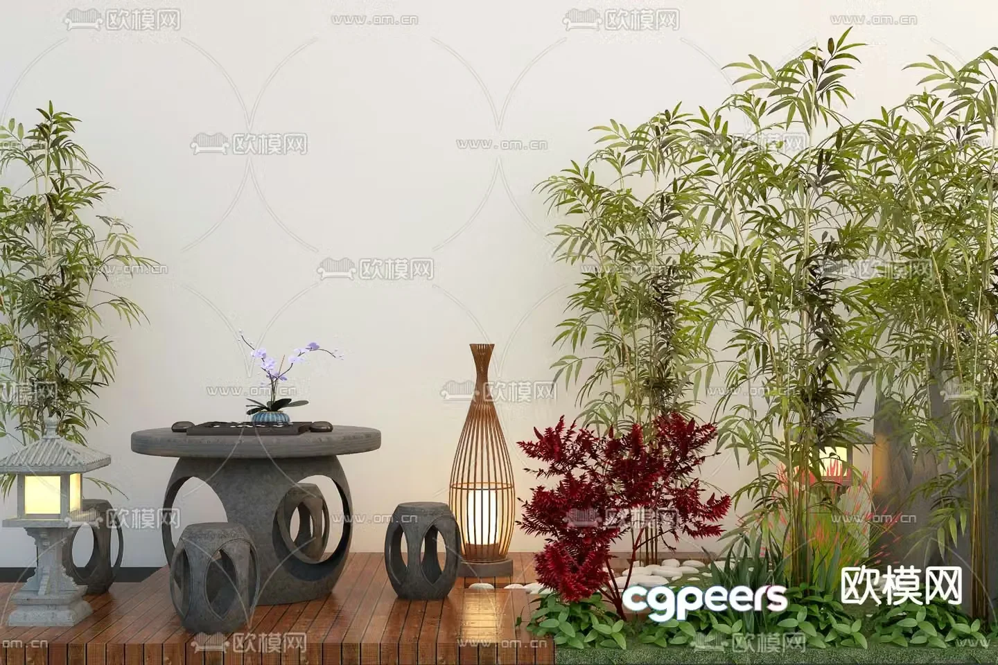 Landscape sketch bamboo landscaping stone table stone bench 3D model