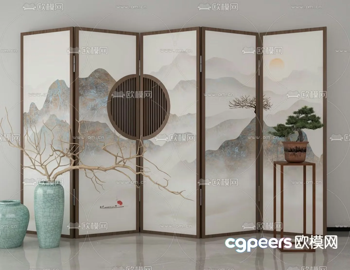 New Chinese-style screen calligraphy and painting screen 3D model