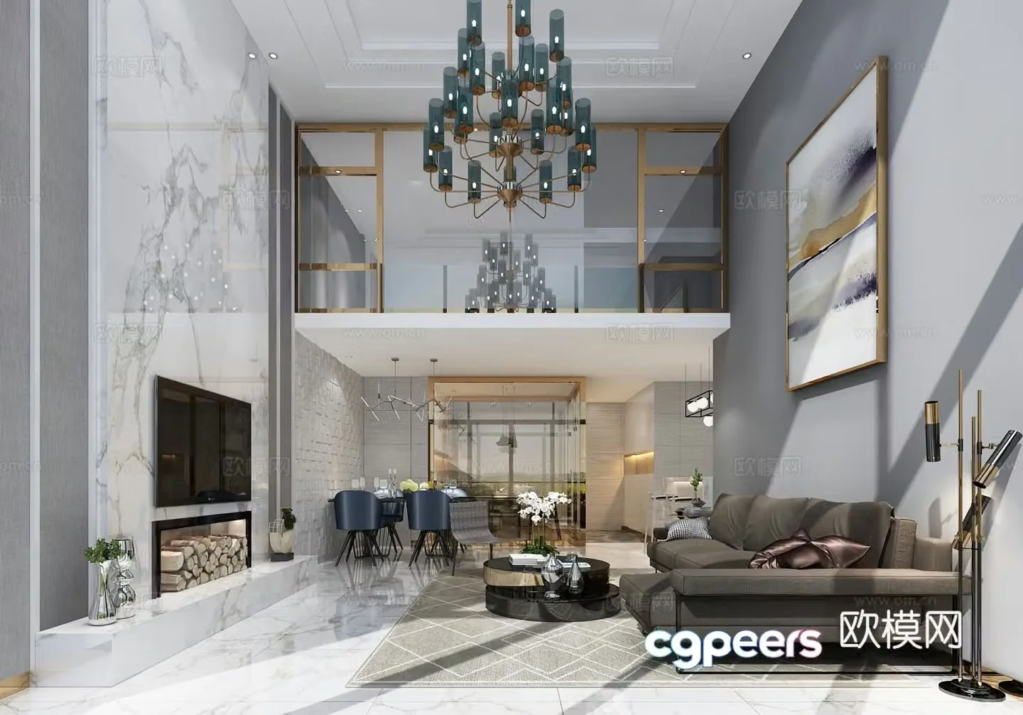 Modern living room sofa coffee table carpet chandelier ornament TV cabinet TV back 3d model