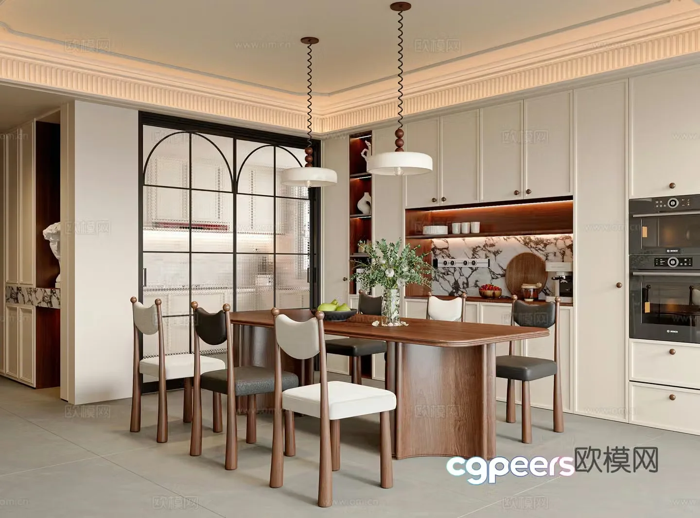 French medieval restaurant dining table and chair combination sideboard chandeliers restaurant accessories dining chairs 3D model