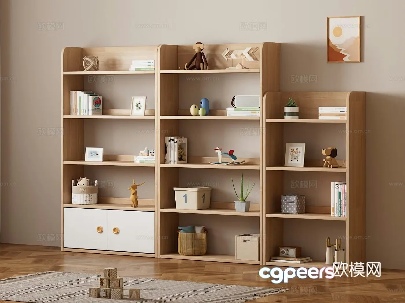 Modern solid wood bookcase bookshelf Cream style storage shelf Nordic solid wood bookcase decoration ornament 3D model
