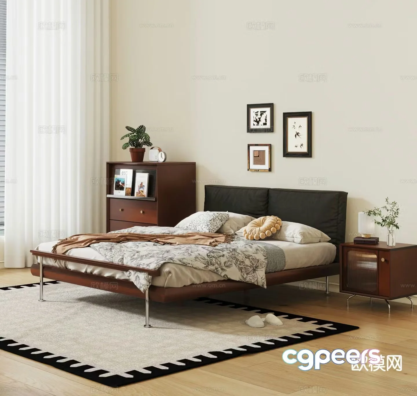 Medieval style solid wood bed double bed 3d model