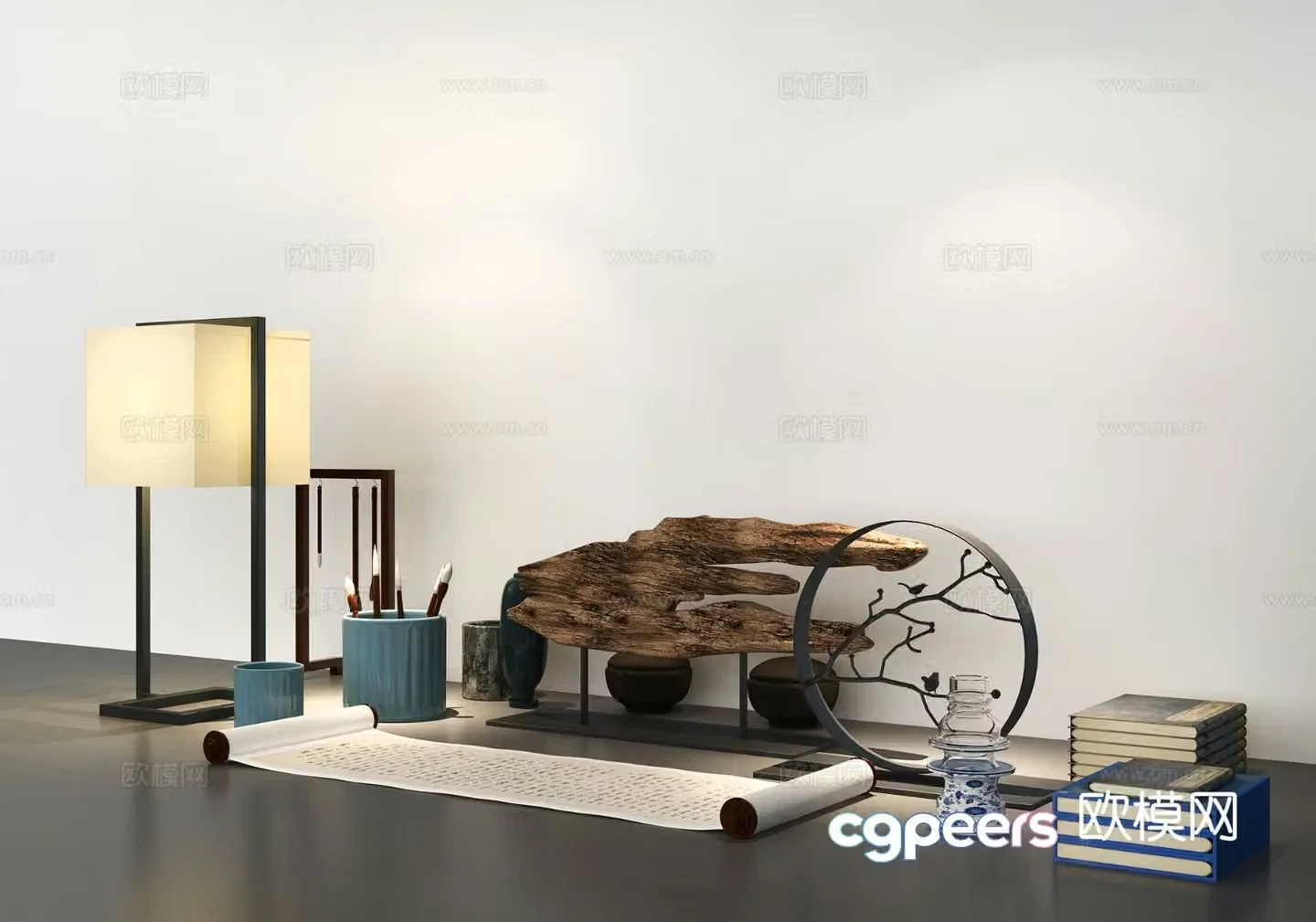 Chinese style furnishings calligraphy pen ink paper and inkstone decorations 3D model