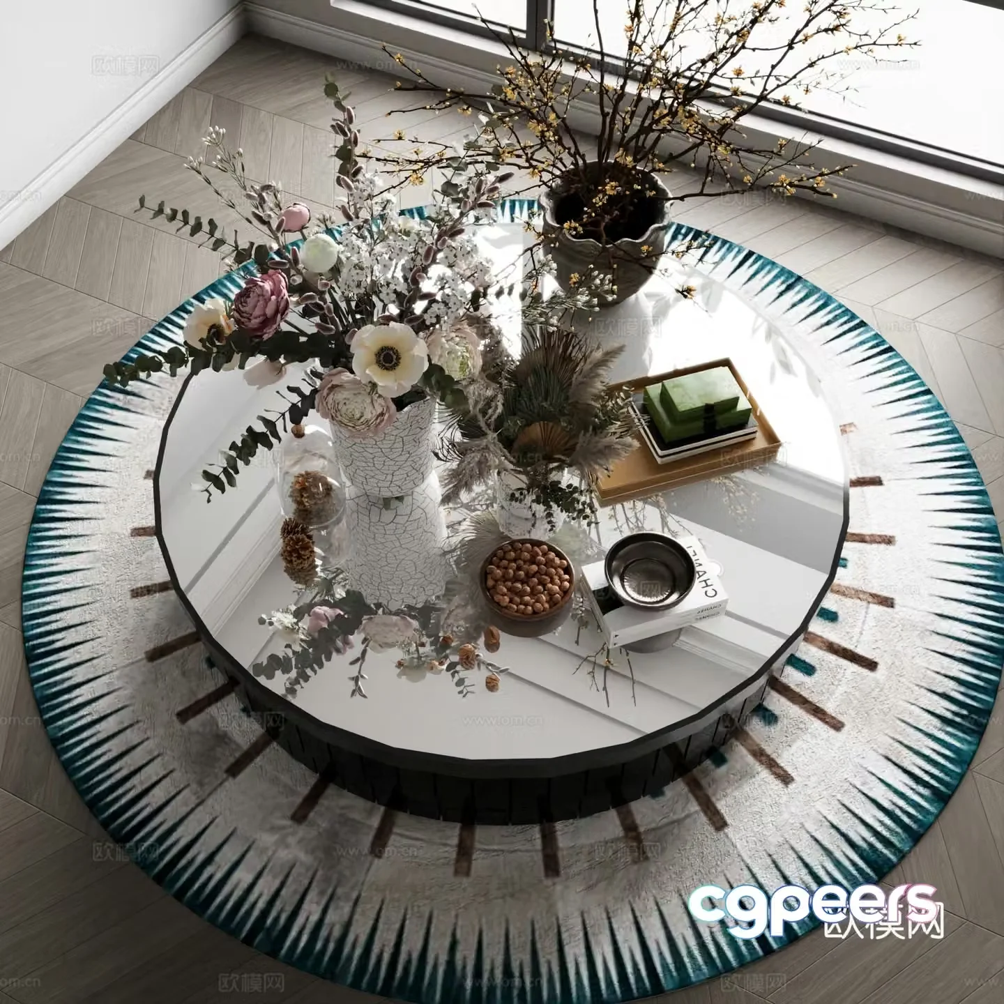 Modern coffee table round coffee table furnishing ornaments floral vase 3d model
