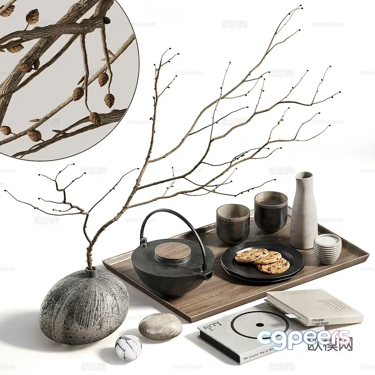 New Chinese style tea set vase dry branches 3D model