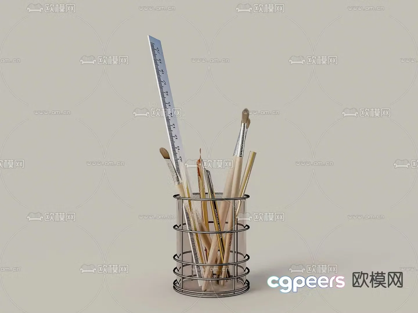 Paintbrush writing brush pen holder ruler 3d model