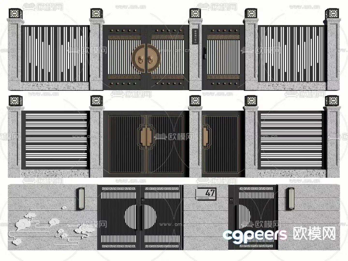 New Chinese style courtyard door guardrail fence wall 3d model