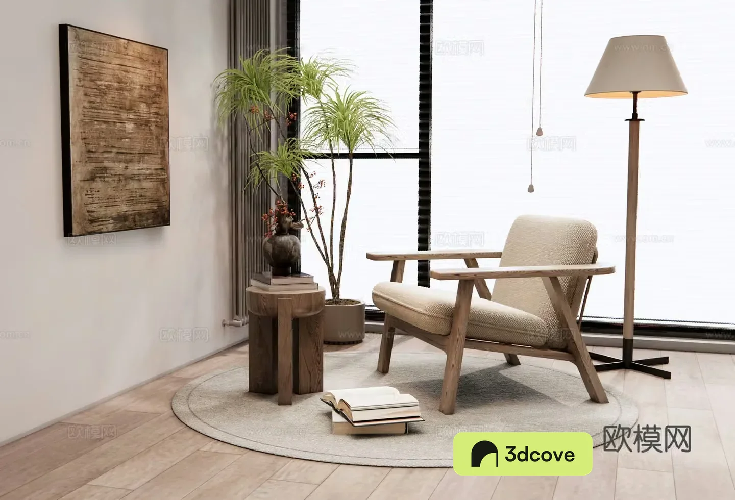 Modern leisure chair lounge chair leisure table and chair floor lamp plant potted plant carpet hanging painting