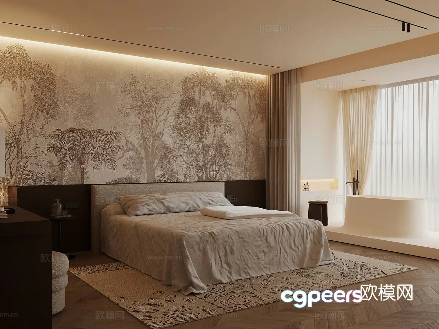 Middle style bedroom double bed 3d model