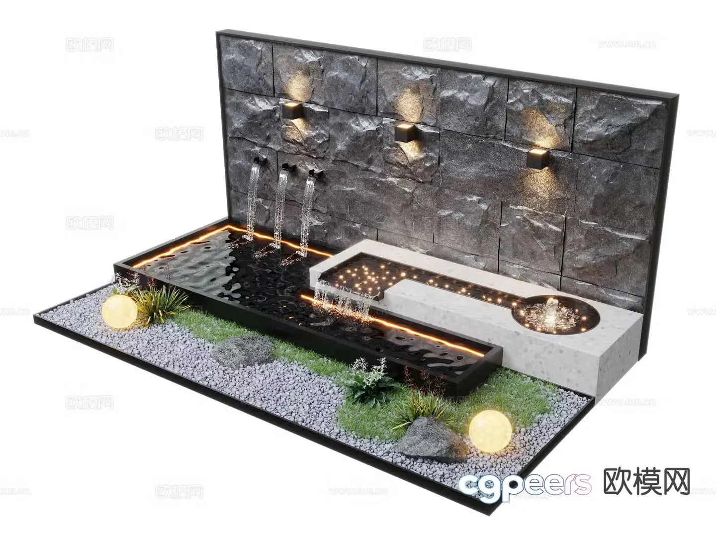 Modern water feature wall stacked water landscape waterfall flowing water 3D model