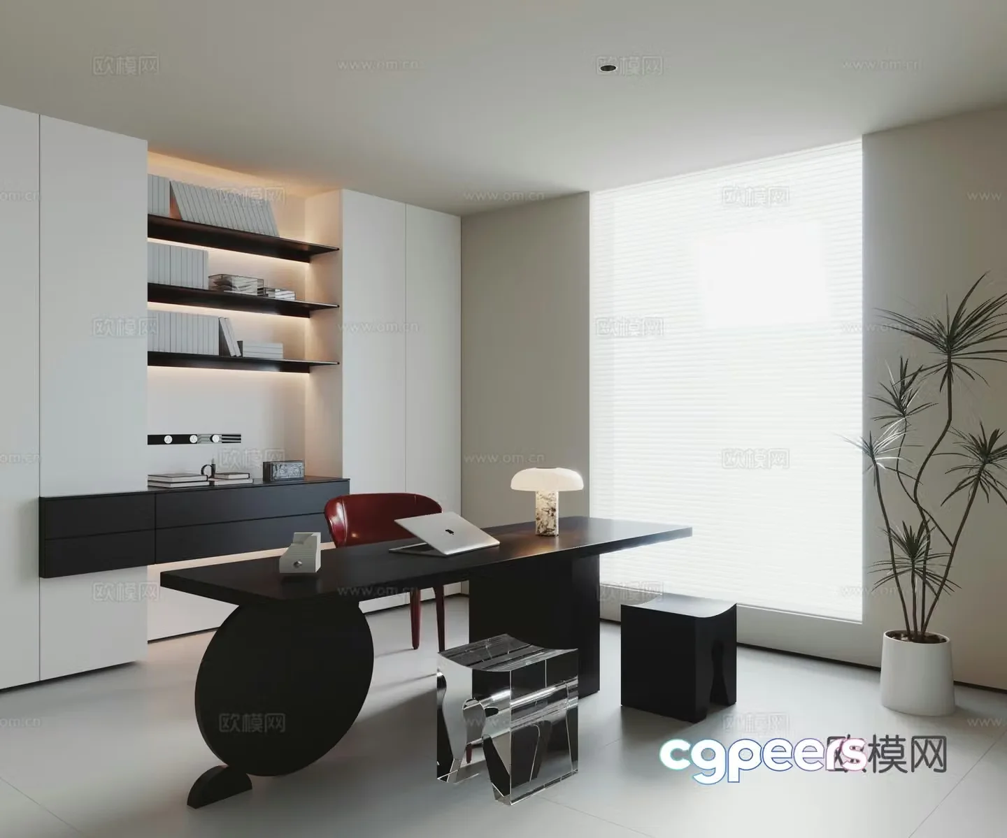 Modern minimalist study desk bookcase chair 3d model