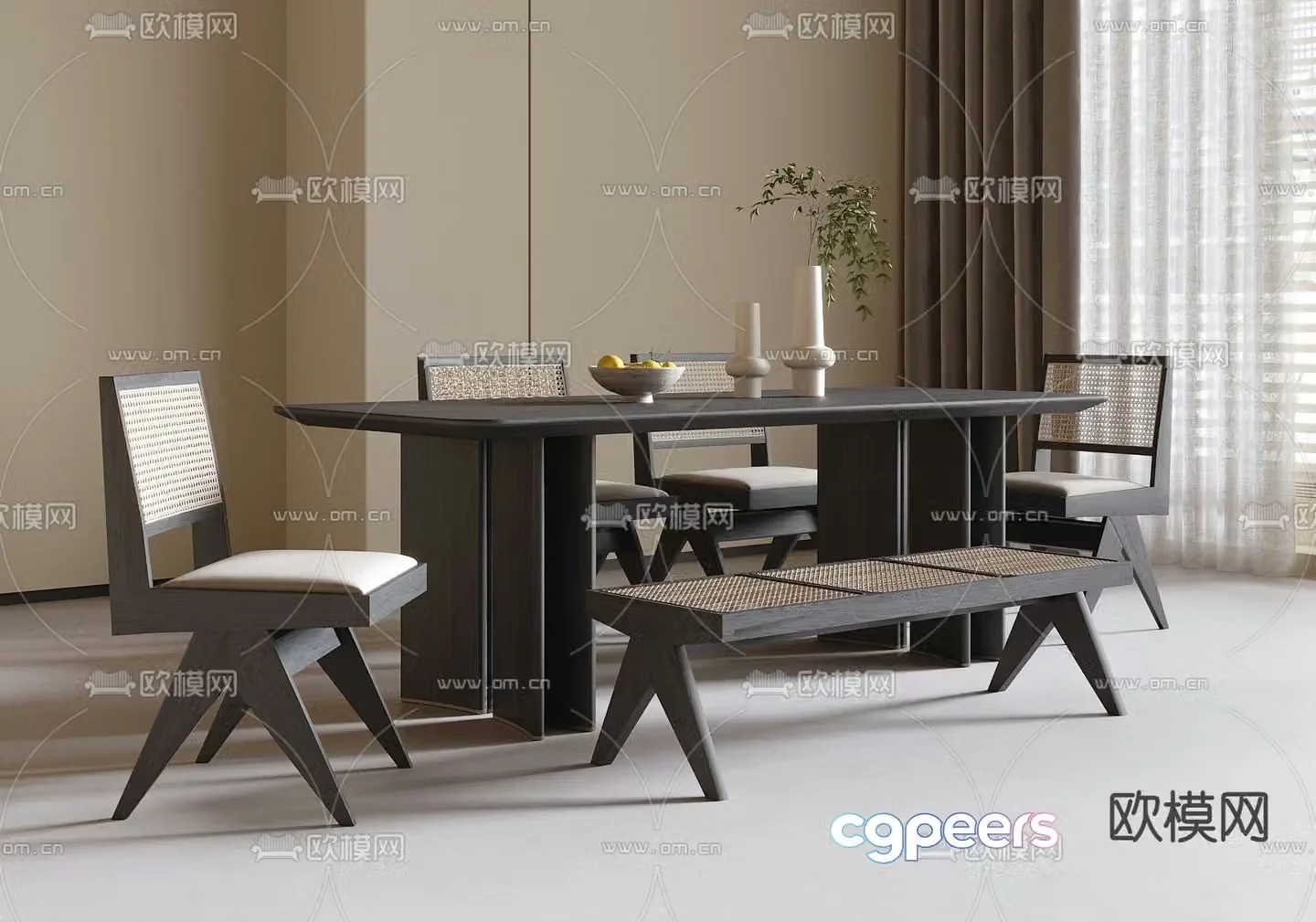 Wabi-sabi dining table and chairs 3d model