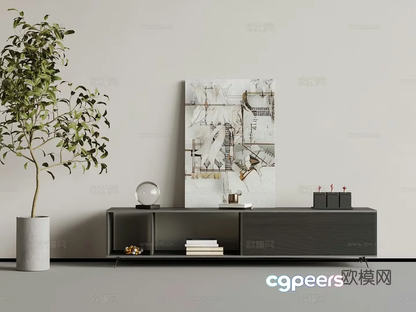 TV cabinet modern minimalist TV cabinet jewelry ornaments decorative painting green plant potted 3D model