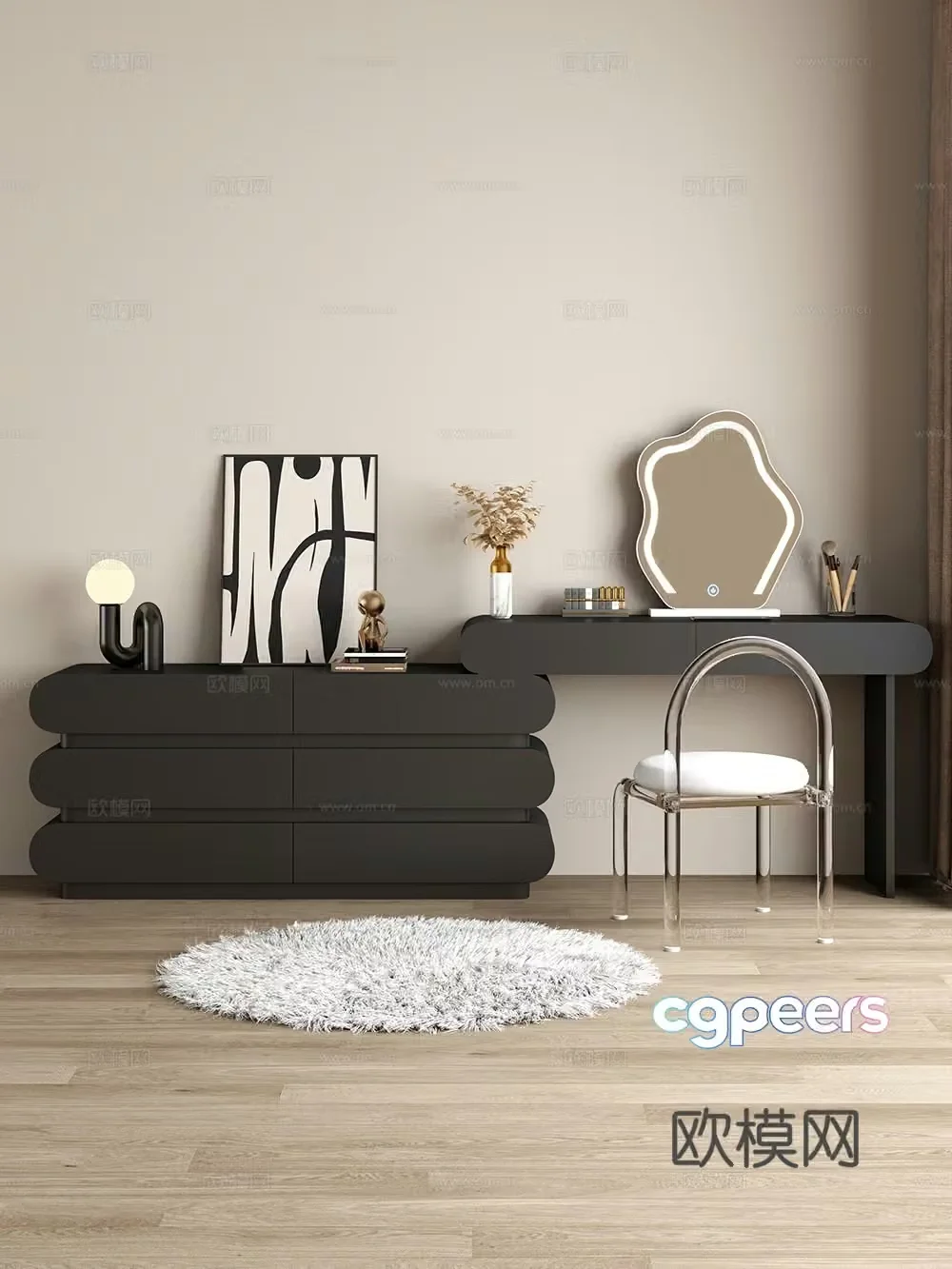 Cream style dressing table makeup stool combination dressing table makeup stool mirror decoration hanging painting 3D model