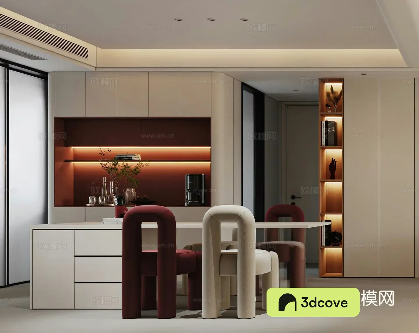 Modern restaurant Light luxury restaurant Cream restaurant Wine cabinet Island dining table Simple