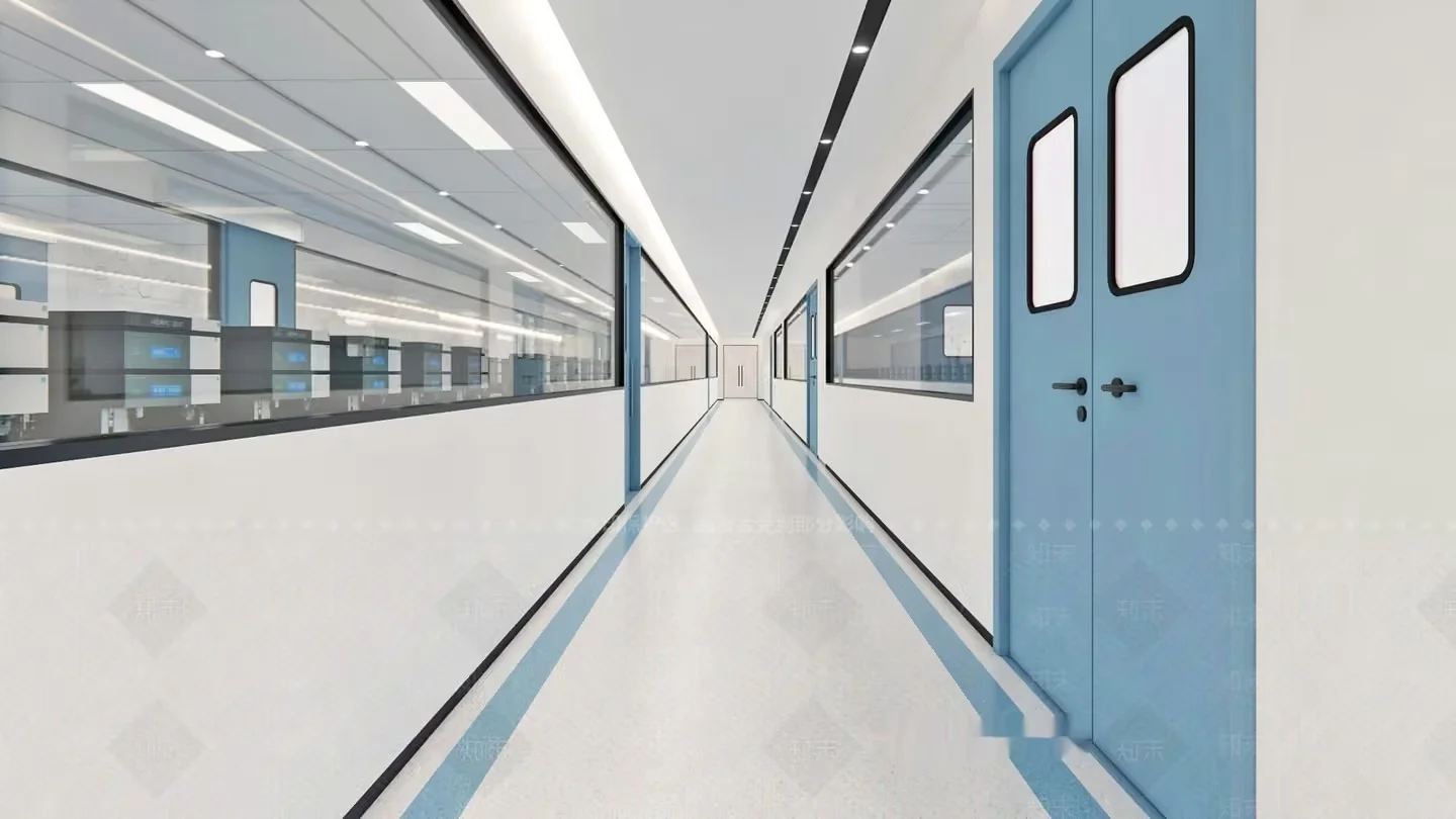A Long White Hallway With Blue Doors 3D Model – 16817 – VRAY Render